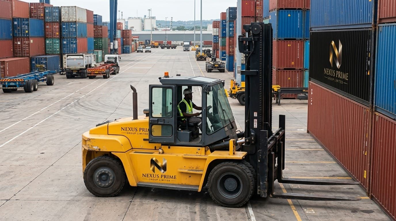 Branded forklift working between container stacks