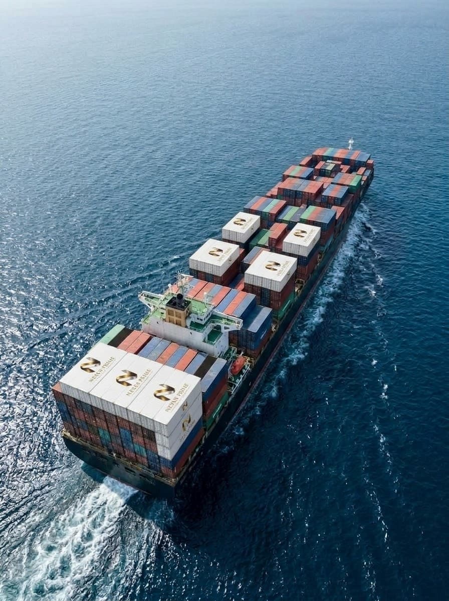 Aerial view of a laden container vessel under way